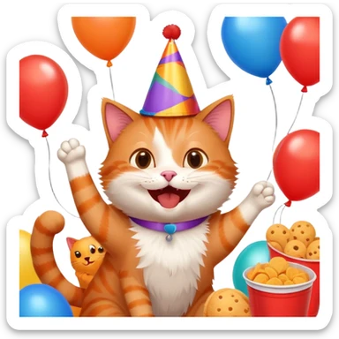 cat laughing with friends, surrounded by balloons and snacks, college party scene sticker