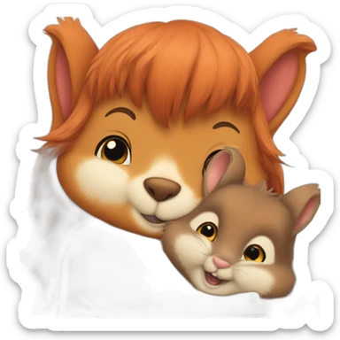 a bunny bear hugging a red squirrel sticker