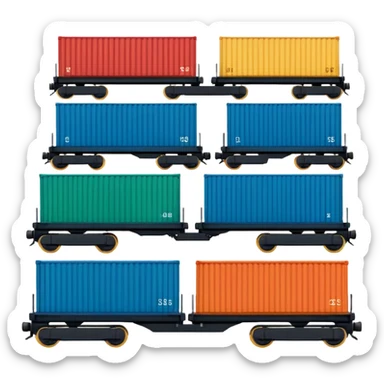 A 3D cartoon cargo train with colorful containers on flatbed cars, industrial background, Memoji-style realism. sticker