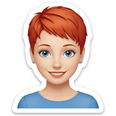 27 year old white woman, red hair, pixie cut, blue eyes sticker