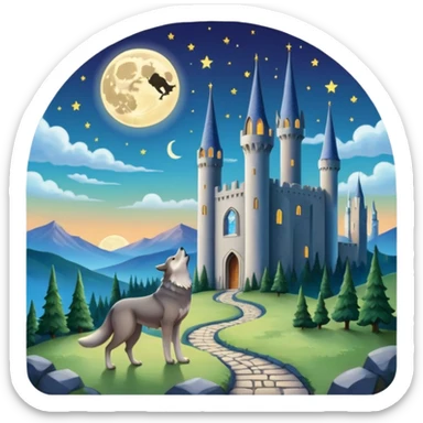 tarot card featuring The Moon, large crescent moon in the sky, two towers, path leading into the distance, dog and wolf howling, mysterious and dreamlike atmosphere sticker