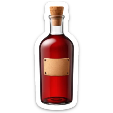 dark glass bottle, deep red hue through glass, cork or screw cap, plain or lightly detailed label, classic robust shape, no glass or branding, soft lighting, emoji scale sticker