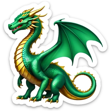 cinematic-noble-dragon-full body-emoji,-poised-and-majestic,-with-a-sinuous,-elongated-build-and-shimmering,-scale-covered-skin-in-hues-of-emerald-and-gold,-piercing,-fiery-eyes,-simplified-yet-sharp-and-sophisticated-features,-highly-detailed, zoomed out showing the serpentine body sticker