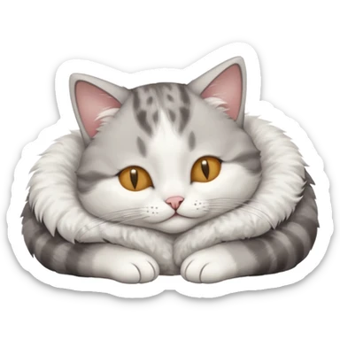 grey and white small cat with eyes closed lying down upside down with its head resting own paw sticker