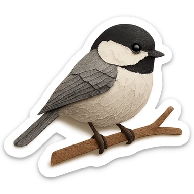 very detailed chickadee perched on a tree branch, intricate cut paper textures, soft gray and white feathers sticker