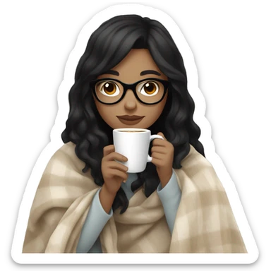 girl with black hair and glasses, white skin, drinking coffee wearing blanket. use all pastel, nude colors sticker