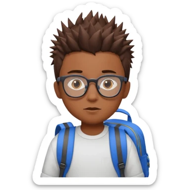 a boy with spikey short brown hair and blue eyes, glasses, backpack sticker