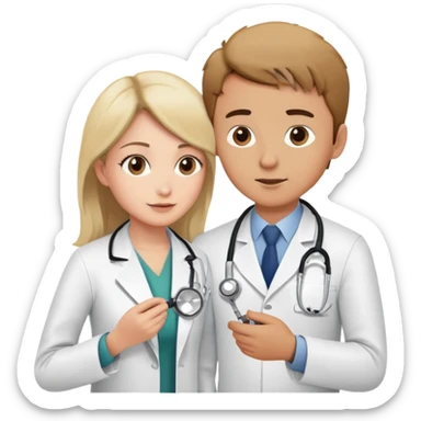 Female doctor in white coat using stethoscope to examine male patient's bare upper body during medical check-up sticker