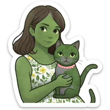 Brown hair girl and a grey cat sticker