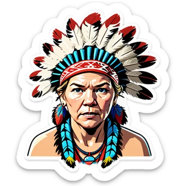 Make a picture of Senator Elizabeth Warren with a traditional Native American headdress make it realistically cartoonish without the braids really accentuate  her wrinkles make her hair blonder and get rid of the headdress besides make her look afraid  sticker