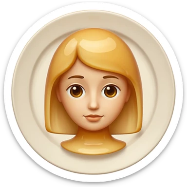 apple style emoji of a bust with stylized features entirely made from tall cylindrical flan with smooth slightly translucent beige gelee texture, on round white plate sticker