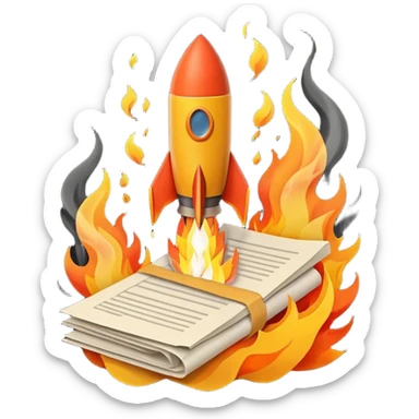 Rocket launching from stack of papers, fire trail, minimal flat design sticker