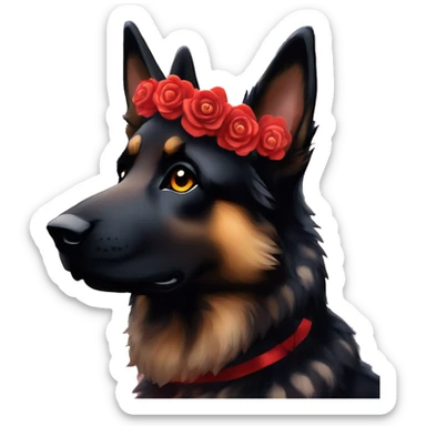 Bokeh Midnight starry night stars dark Brindled striped brindle black German shepherd fox carrying glowing red lantern, fairy lights, rose flower crown, bokeh lights, out of focus blur sticker