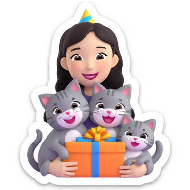 asian girl laughing, holding a grey cat, birthday party sticker
