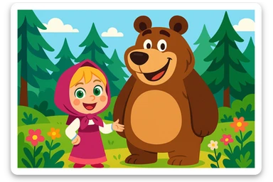 whimsical cartoon scene: smiling blonde girl with green eyes, pink dress and headscarf, next to a big friendly brown bear in a lush green forest with tall pines and colorful flowers, bright clean background sticker