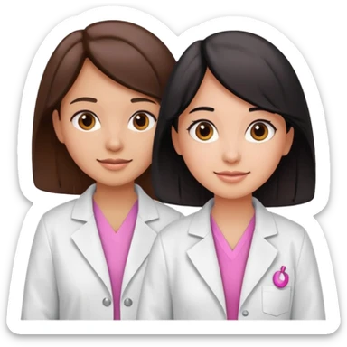 cientificas con blusa rosa y bata blanca felices, una chica con pelo marrón y otra chica un poco mas pequeña con pelo negro, deben tener la piel un poco brinceadas sticker