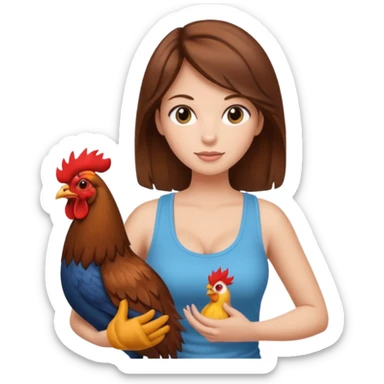 Brown hair large boob Woman tanki top holding rooster sticker