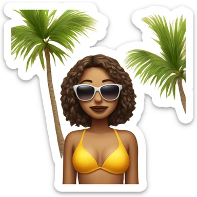 girl lies on the sand in a swimsuit and sunglasses, against the backdrop of a palm tree sticker