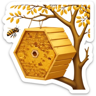 A small hive nestled between tree branches with worker bees. sticker