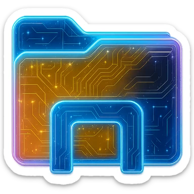 Transform the Windows File Explorer icon into a cyberpunk, holographic style with glowing neon blue and pink edges and circuit patterns throughout the entire icon, especially on the yellow and blue areas. Retain the original color fill of the icon but overlay neon and circuit effects in a futuristic and clean style similar to the provided cyberpunk folder icon. No circle or base, just the icon itself with a transparent background. sticker