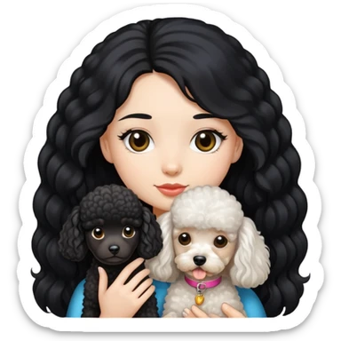 A girl with long black hair and fair skin, and a miniature Poodle. sticker