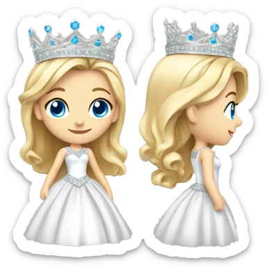13 year old girl with blonde hair and blue eyes wearing a sparkly all white pageant gown and a silver only crown full body sticker