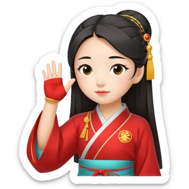 cute and sexy chinese girl in hanfu, paying respect by "salute" gesture, using right hand next to forehead sticker