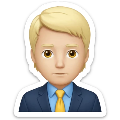 consulting man with hand with white skin and blonde hair with blue shirt and yellow tie and black blazer sticker