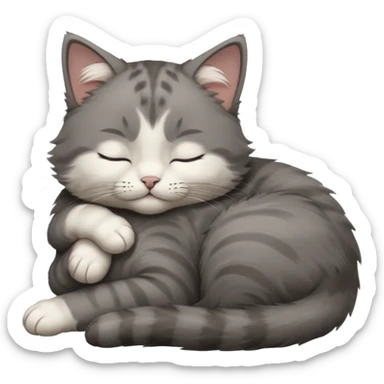 dark grey and white small cat with closed eyes, leaning his head on his paw while leaning on his elbow lying down sticker