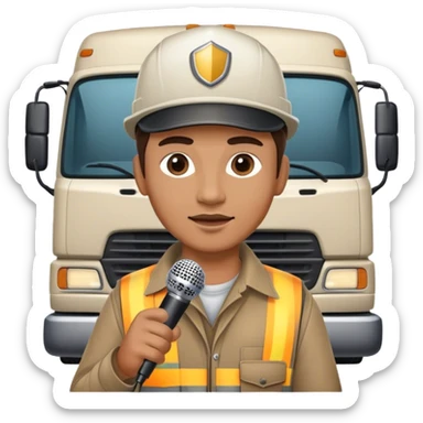 truck driver talking into a microphone with truck backdrop sticker
