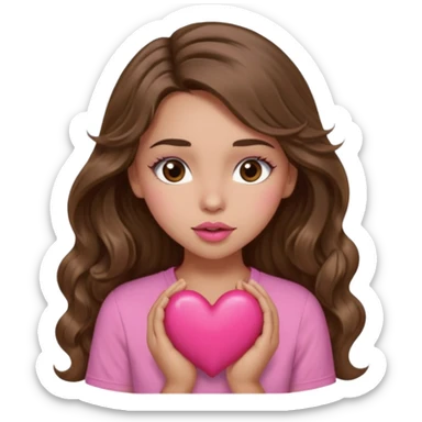 girl with long wavy brown hair, brown eyes, light to medium complexion, in a pink shirt, pink lips, long lashes, sexy , puckering, blushing, kissing a heart sexy sticker