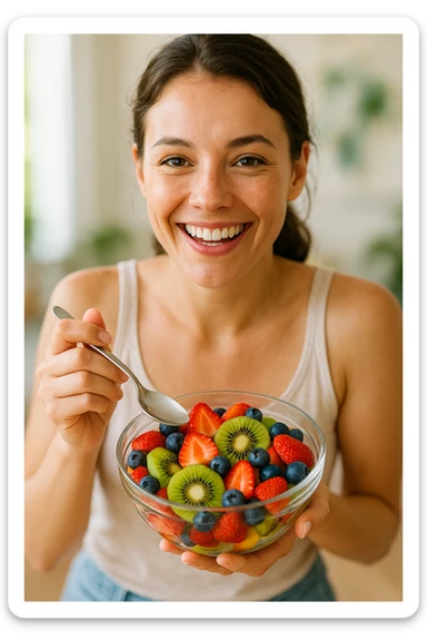 A cheerful person holding a glass bowl of colorful fruit salad with vibrant pieces of strawberries, kiwis, and blueberries visible. The person is wearing a casual, light-colored tank top and has a friendly, bright smile as they prepare to take a bite with a spoon. The overall composition focuses on health and enjoyment. sticker