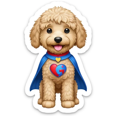 Loveable cream labradoodle wearing a Super Grover costume sticker