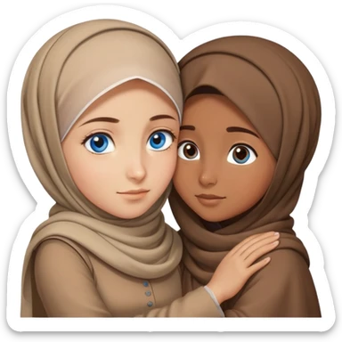 Turkish beautiful finish Konya girl blue eyes with brown beige hijab islamic dress and hugs with big brother  sticker