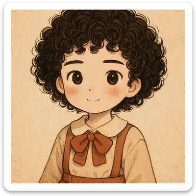 Haz el pelo mucho más rizado y las cejas más rectas, manteniendo el estilo general, cute y todos los detalles anteriores sticker