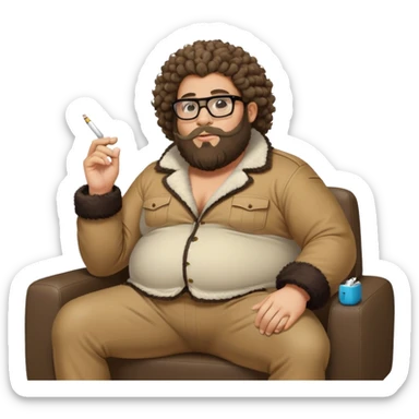 Fat jew curly hair with glasses and Beard seating on a gorilla sofa smoking a iqos sticker