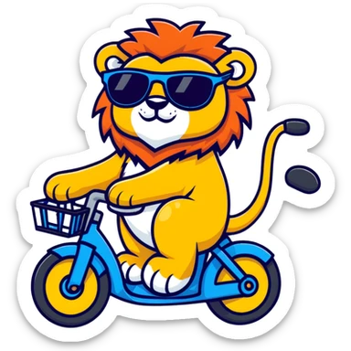lion riding a bike with sunglasses, cartoon sticker style sticker