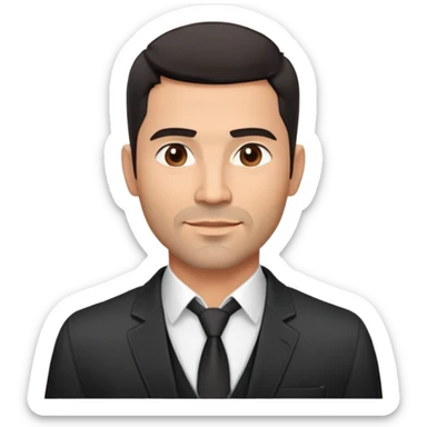 Attractive robust Hispanic man in his mid-40s, light brown complexion, short black hair with prominent fade haircut, light facial scruff, square face with strong jawline, friendly TV presenter expression, unbuttoned black jacket, white shirt with top button open, no necktie sticker