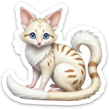 Albino-white, blue-eyed soft natural realistic romantic vintage antique divine beautiful elegant pretty precious cute young youthful  Fakémon-Pokémon-opossum-feline-mouse-serval-caracal-chinchilla-Minccino-Cinccino-Meowstic-rodent-hybrid-creature with a big fluffy bushy tail (full body) sticker
