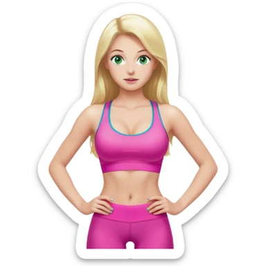 Long Blonde very small waist hourglass really big boobs green blue eyes gym tights skinny face bright pink sports bra sticker