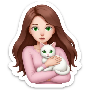 white woman with very long brown hair and green eyes in a light pink outfit hugging a white cat sticker