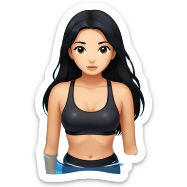 long black hair tanned woman, black sports bra, in koi pond, hot  sticker