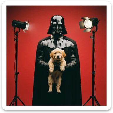 Photo of a darth vader holding puppy golden retriver, low key light, red solid background with leading lines, back light, spot light sticker