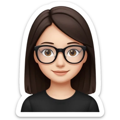 une ado, brune aux cheuveux tres fonces tres longs lisses blanche, ,lunettes carres/ rectanglesnoires, yeux bruns joues rose, haut noir sticker