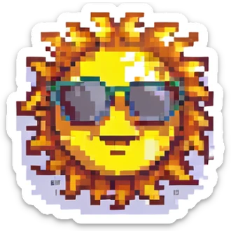 pixel art of a smiling sun with sunglasses sticker