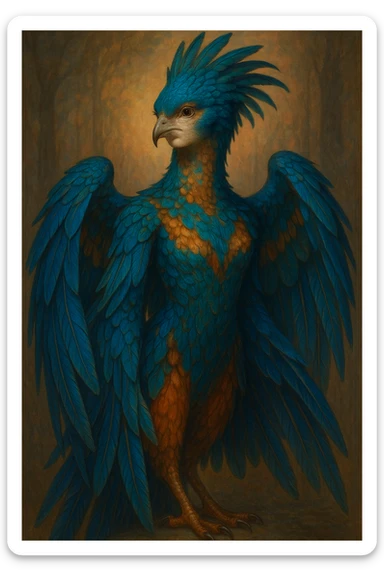 hybrid bird woman with mostly bird features, fantasy style, any bird species, vibrant colors, detailed feathers, elegant and mystical appearance sticker