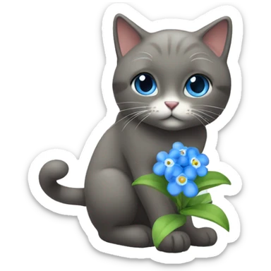 sweet cat handing blue flower forget me not sticker
