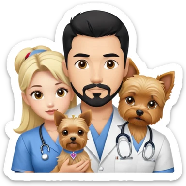 Blonde nurse next to black haired Korean Asian handsome muscular man with black pointy hair full goatee.   Holding one blonde yorkie.  sticker