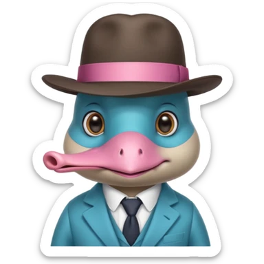 cute light blue turqiouse platypus head, smiling with big eyes with a detective hat and monocle on his eye, no  hands, looks like a platypus but blue, the hat and suit are pink sticker