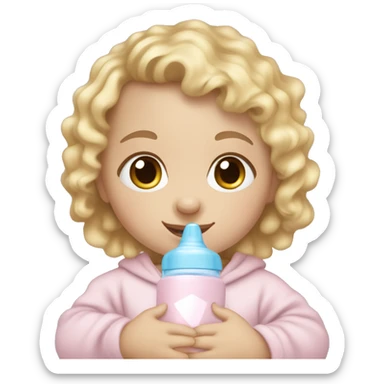 sitting baby girl with pale skin and blonde curly hair wearing a light pink onesie and holding a light blue baby bottle sticker